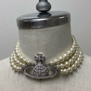 Vivienne Westwood silver triple pearl checker necklace.